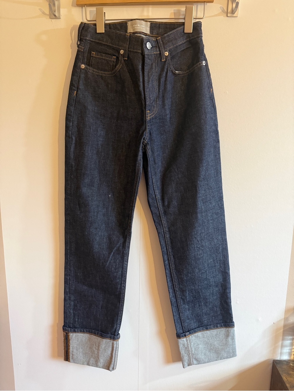 Everlane High Rise Straight Jeans 25 Regular Dark Indigo Cuffed Premium Denim